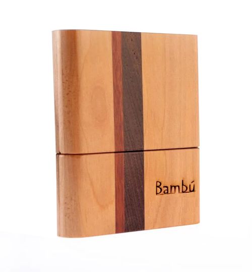 Porta-palhetas para Sax Tenor / Sax Barítono / Clarone Baixo, em madeira com marchetaria, "Bambú" para 08 palhetas unid.